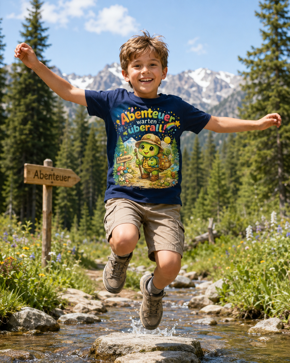 Abenteuer warten überall Kinder-T-Shirt | Schildkröte beim Wandern