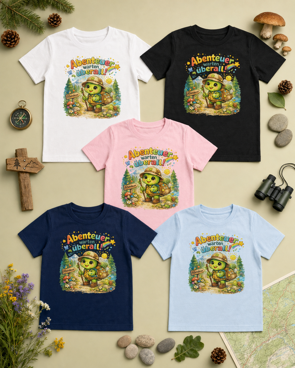 Abenteuer warten überall Kinder-T-Shirt | Schildkröte beim Wandern