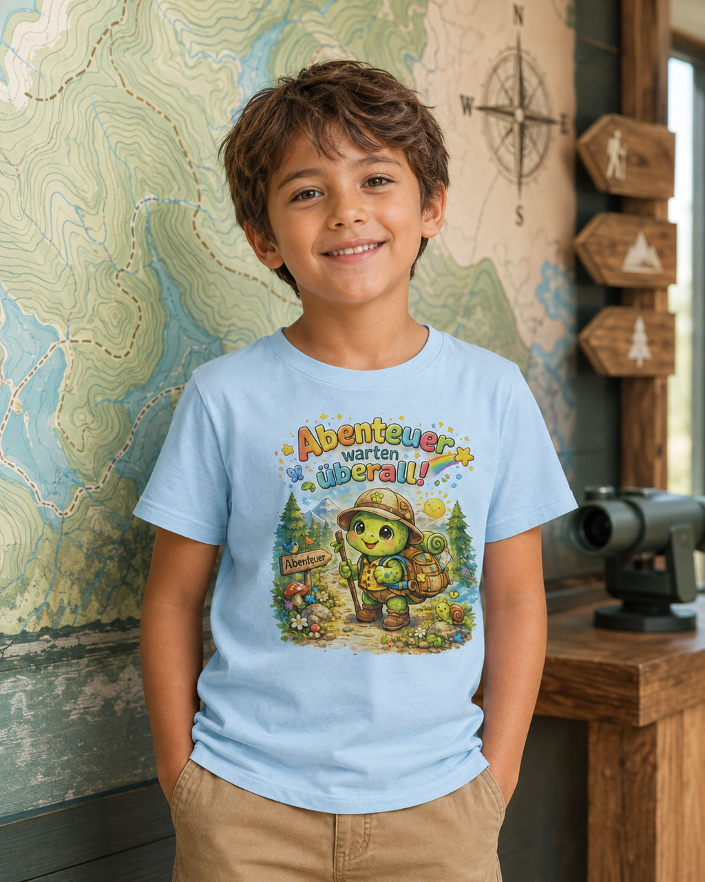 Abenteuer warten überall Kinder-T-Shirt | Schildkröte beim Wandern