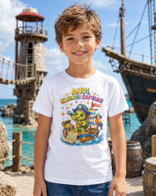 Ahoi kleiner Captain Kinder-T-Shirt | Piraten-Schildkröte auf Schatzsuche