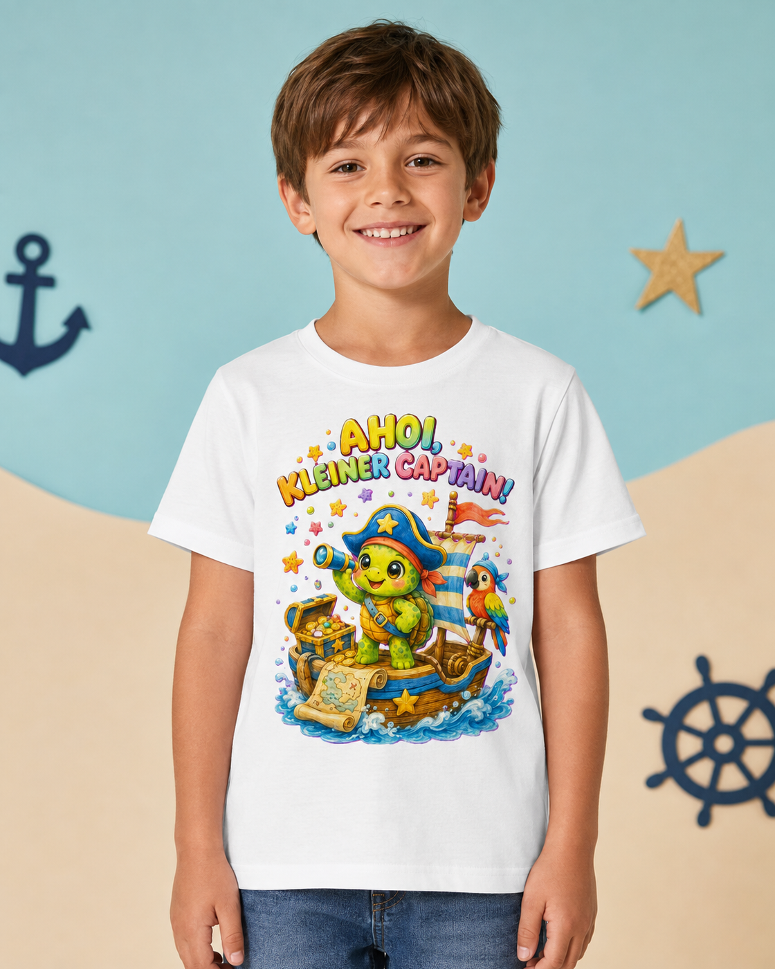 Ahoi kleiner Captain Kinder-T-Shirt | Piraten-Schildkröte auf Schatzsuche