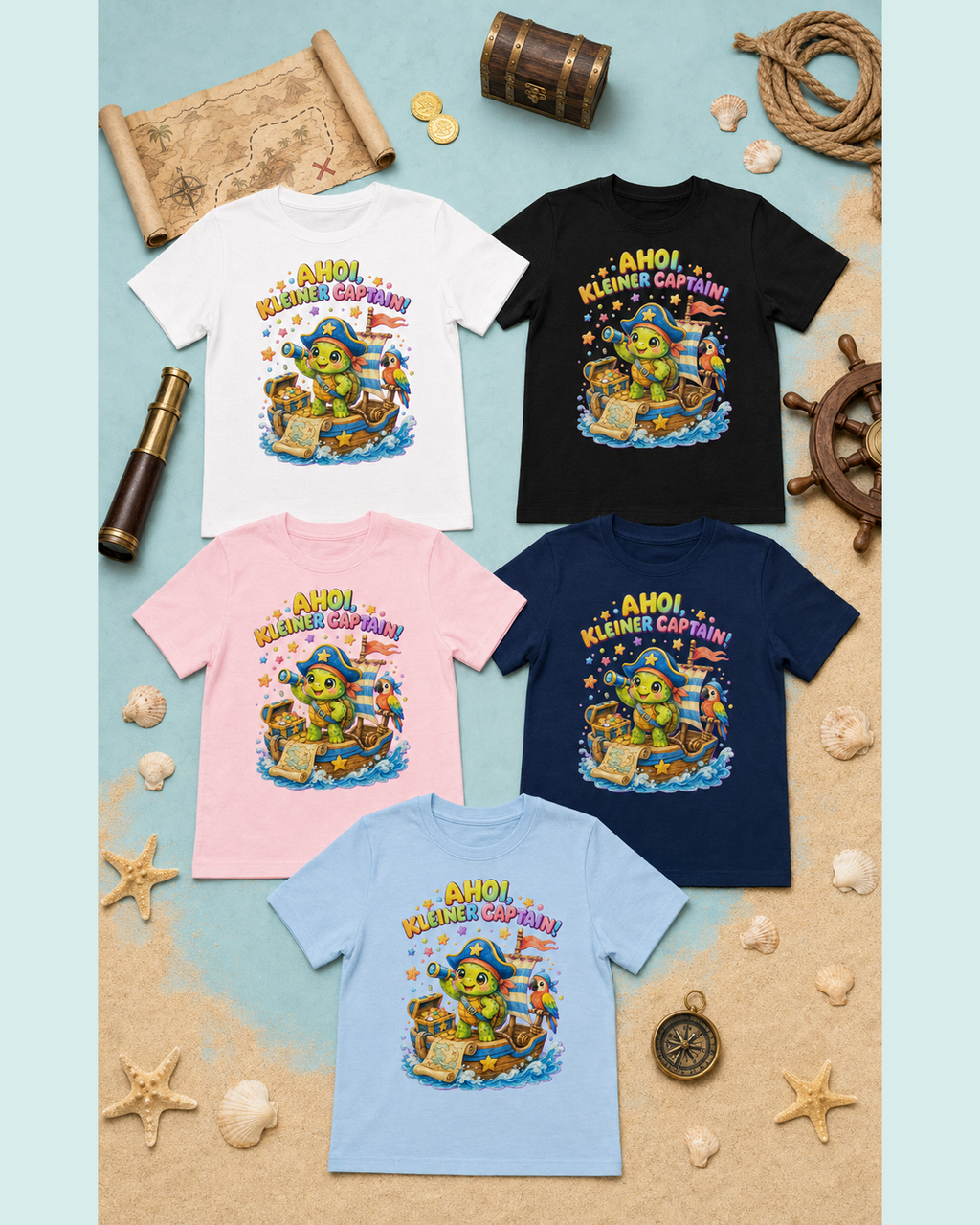 Ahoi kleiner Captain Kinder-T-Shirt | Piraten-Schildkröte auf Schatzsuche