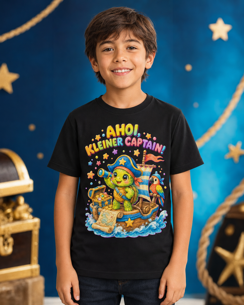 Ahoi kleiner Captain Kinder-T-Shirt | Piraten-Schildkröte auf Schatzsuche