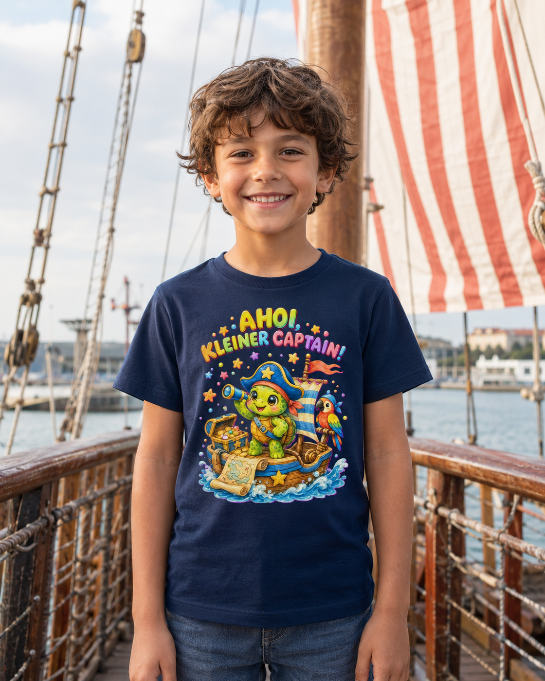 Ahoi kleiner Captain Kinder-T-Shirt | Piraten-Schildkröte auf Schatzsuche