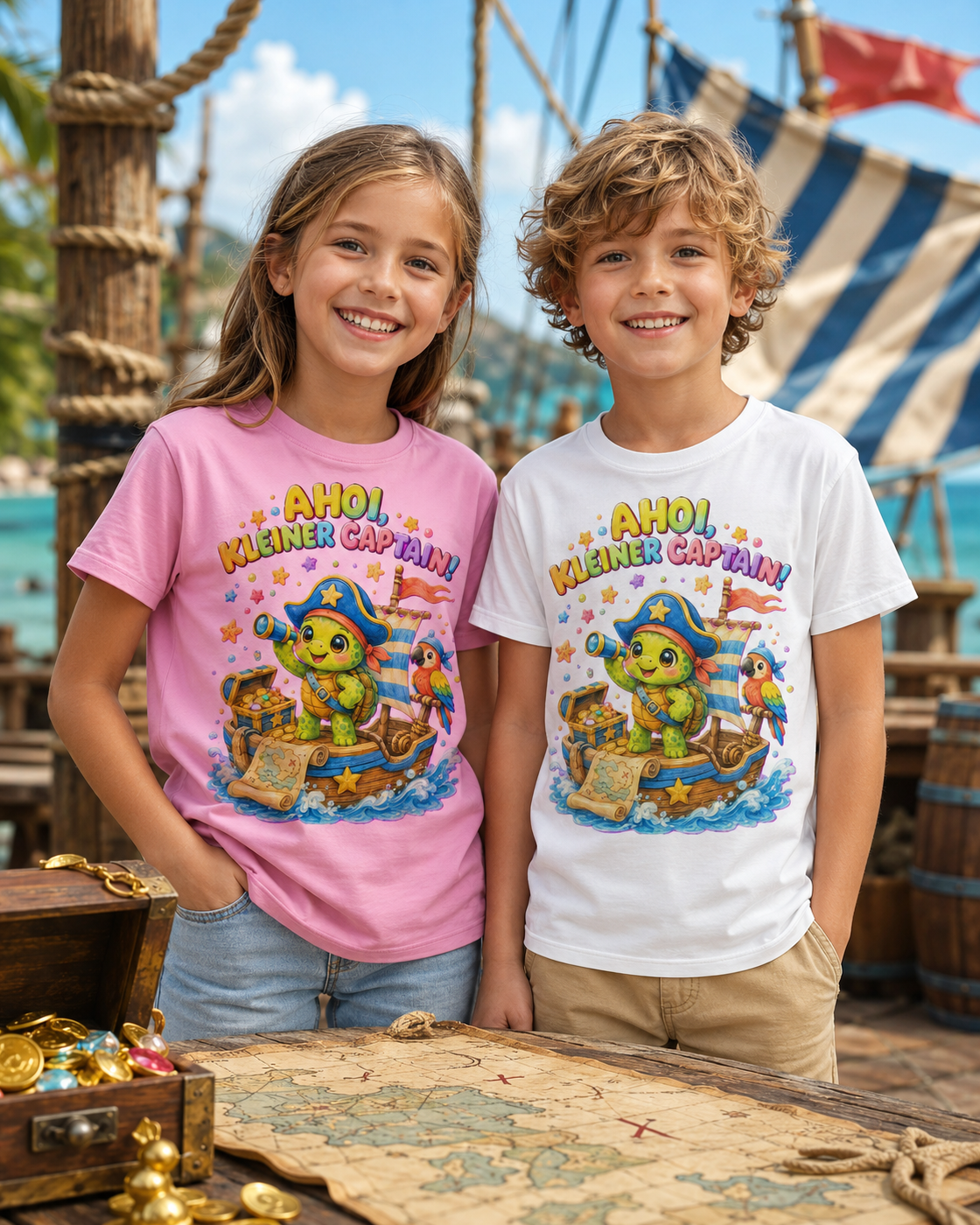 Ahoi kleiner Captain Kinder-T-Shirt | Piraten-Schildkröte auf Schatzsuche