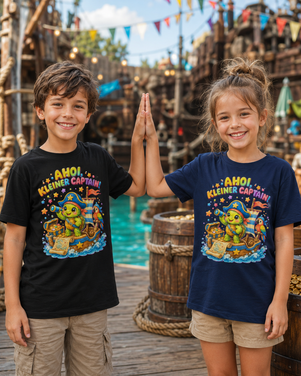 Ahoi kleiner Captain Kinder-T-Shirt | Piraten-Schildkröte auf Schatzsuche