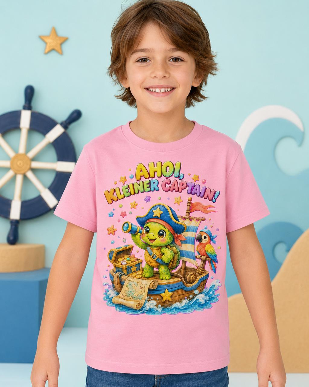Ahoi kleiner Captain Kinder-T-Shirt | Piraten-Schildkröte auf Schatzsuche