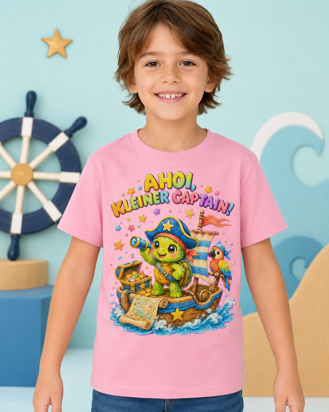Ahoi kleiner Captain Kinder-T-Shirt | Piraten-Schildkröte auf Schatzsuche