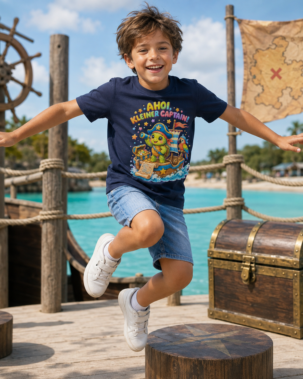 Ahoi kleiner Captain Kinder-T-Shirt | Piraten-Schildkröte auf Schatzsuche