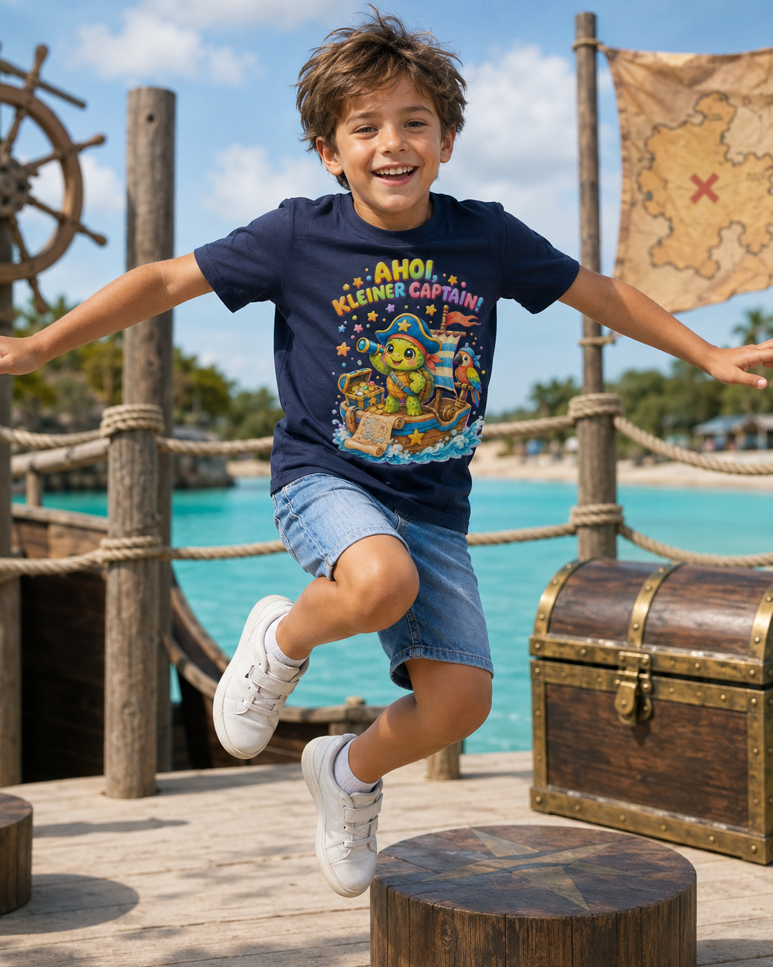 Ahoi kleiner Captain Kinder-T-Shirt | Piraten-Schildkröte auf Schatzsuche