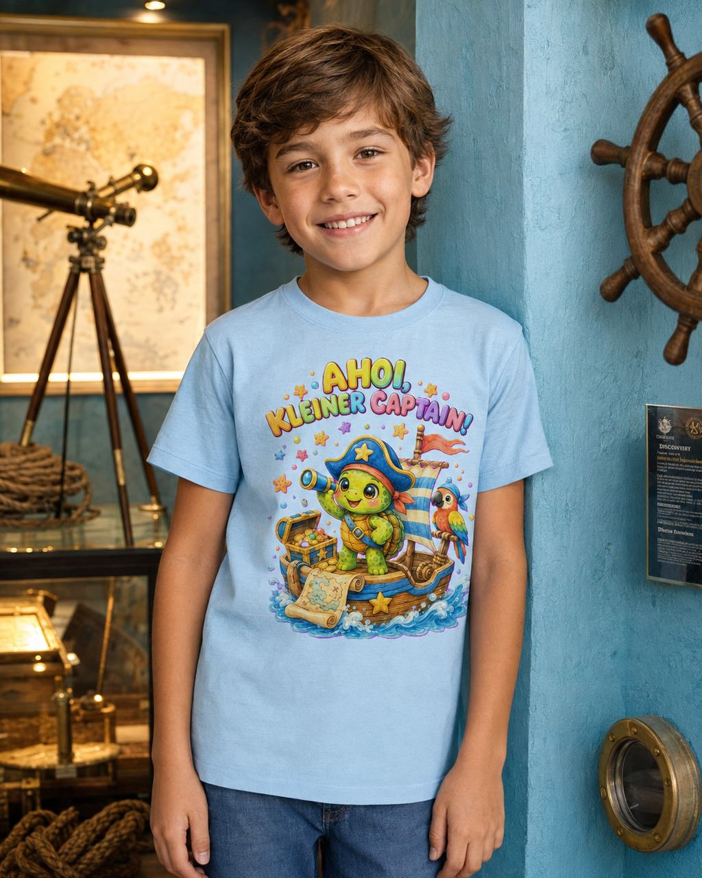 Ahoi kleiner Captain Kinder-T-Shirt | Piraten-Schildkröte auf Schatzsuche