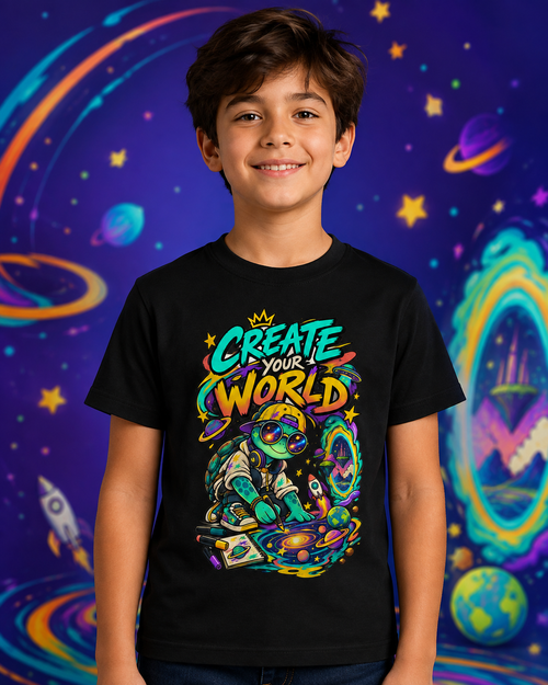 Create Your World Kinder-T-Shirt | Kreative Schildkröte mit Weltall-Motiv