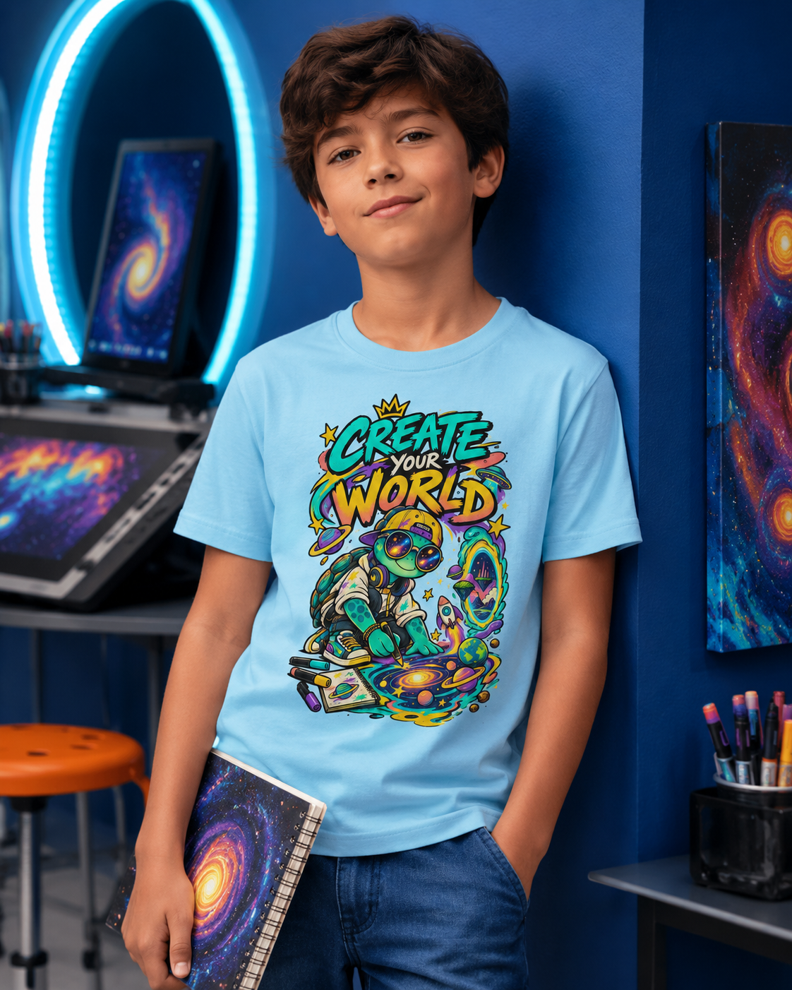 Create Your World Kinder-T-Shirt | Kreative Schildkröte mit Weltall-Motiv