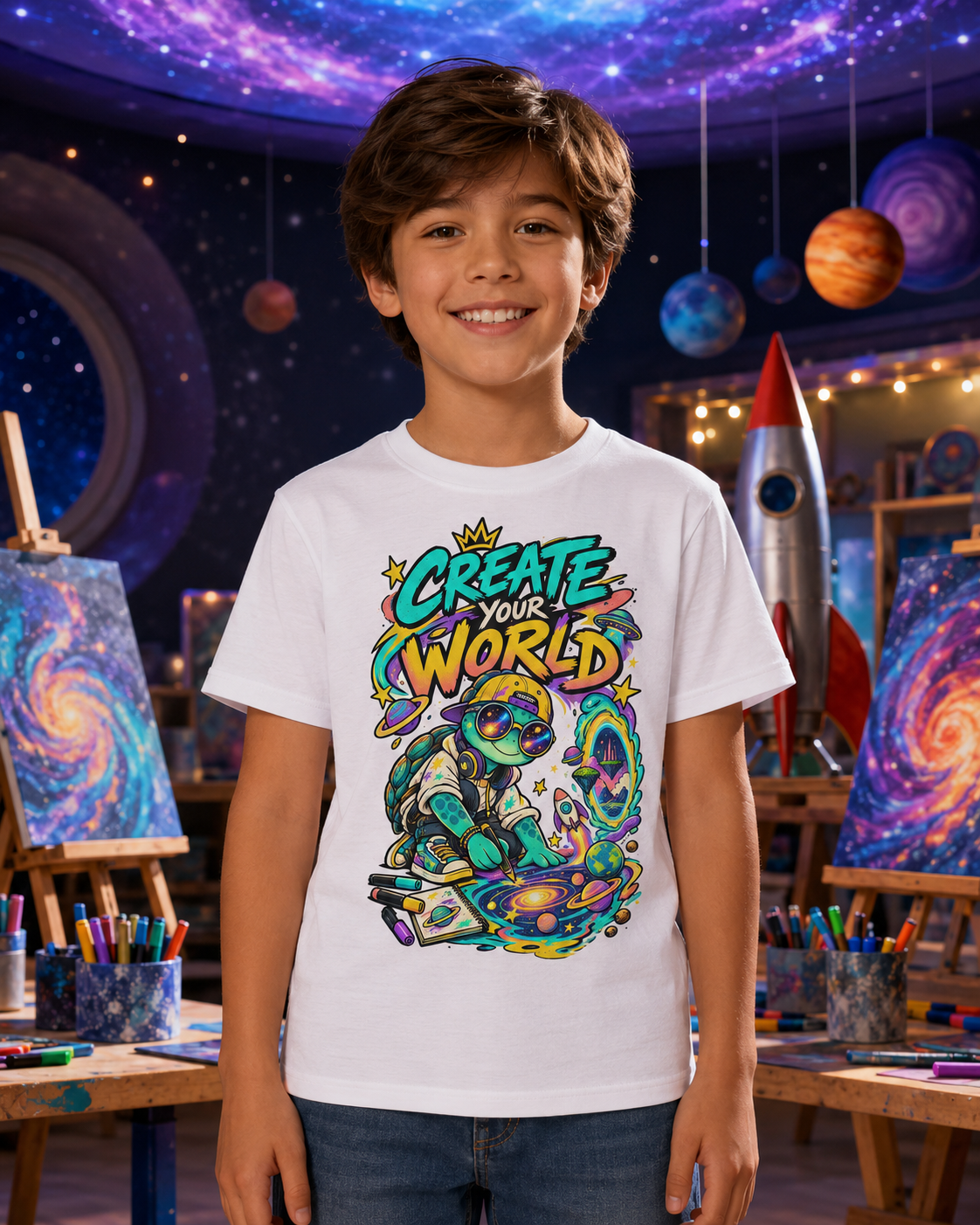 Create Your World Kinder-T-Shirt | Kreative Schildkröte mit Weltall-Motiv