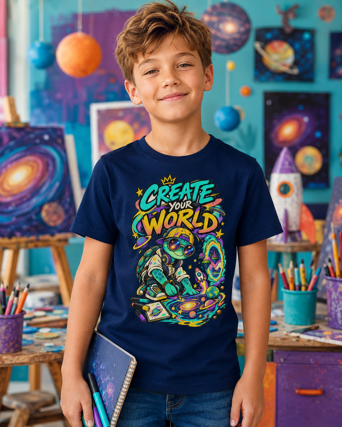 Create Your World Kinder-T-Shirt | Kreative Schildkröte mit Weltall-Motiv