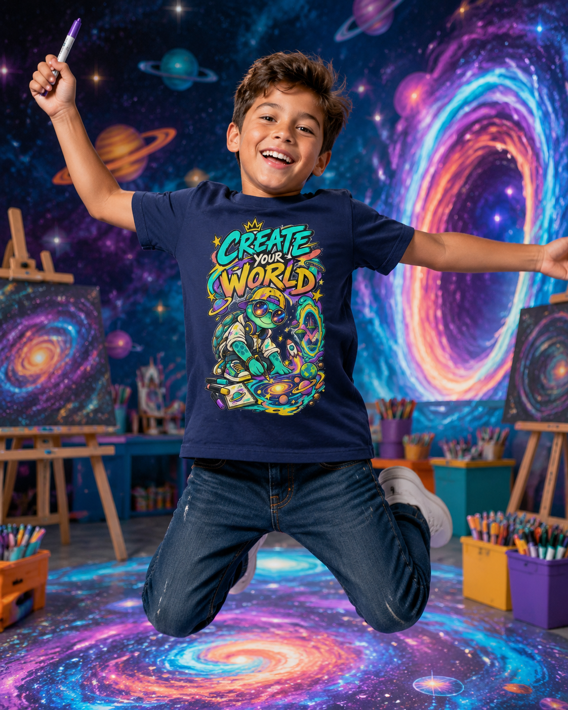 Create Your World Kinder-T-Shirt | Kreative Schildkröte mit Weltall-Motiv