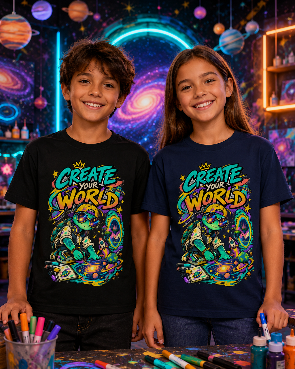 Create Your World Kinder-T-Shirt | Kreative Schildkröte mit Weltall-Motiv
