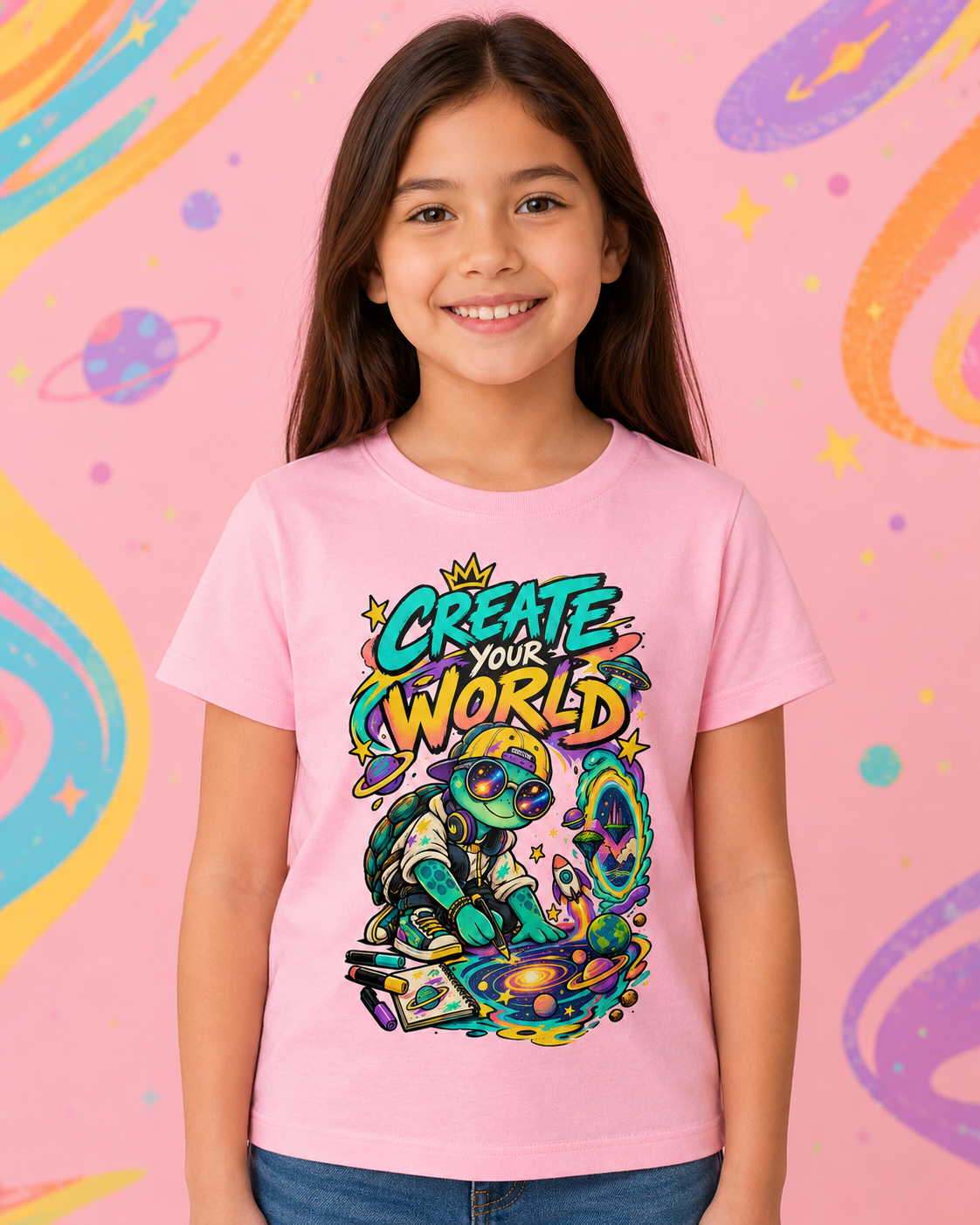 Create Your World Kinder-T-Shirt | Kreative Schildkröte mit Weltall-Motiv