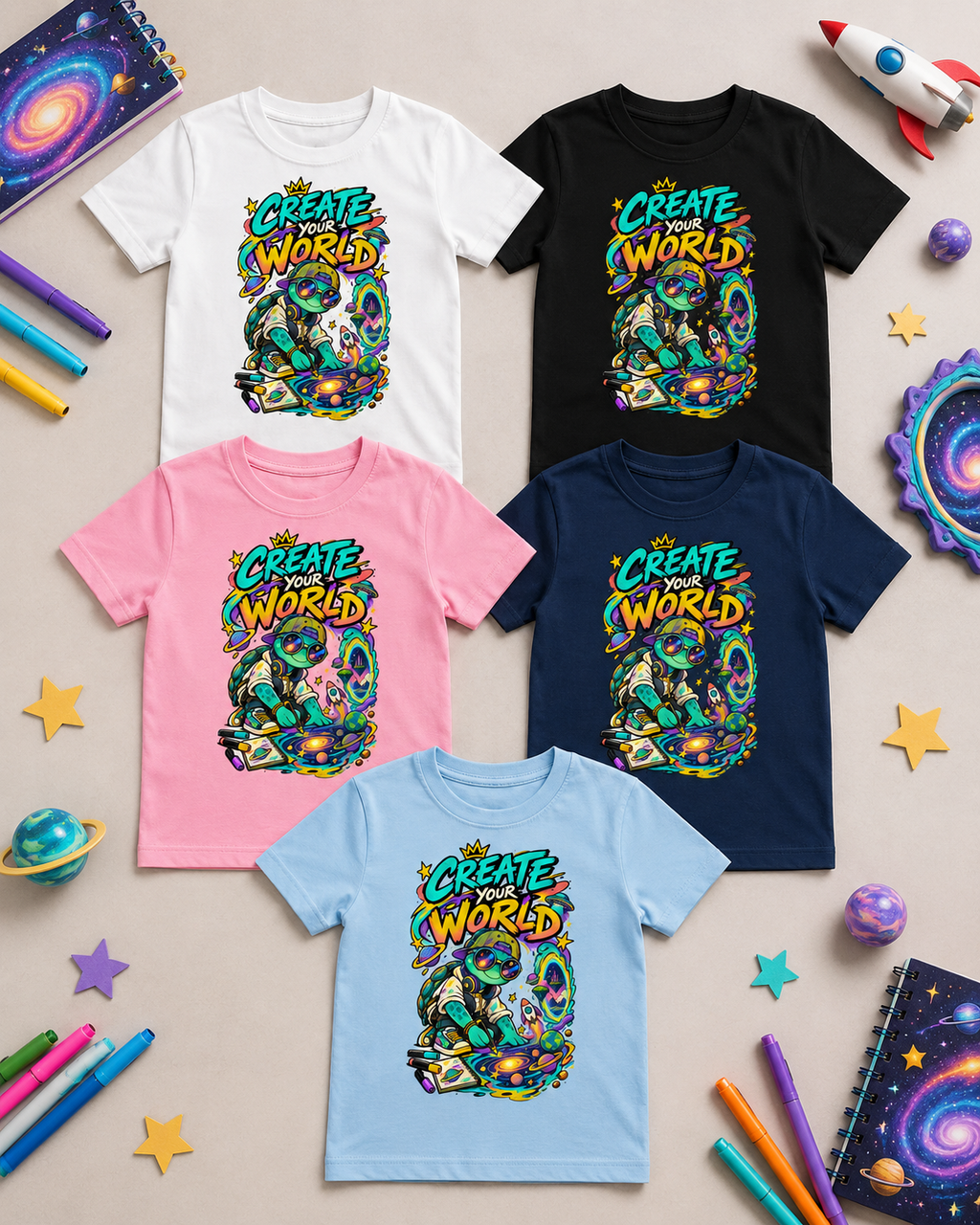 Create Your World Kinder-T-Shirt | Kreative Schildkröte mit Weltall-Motiv