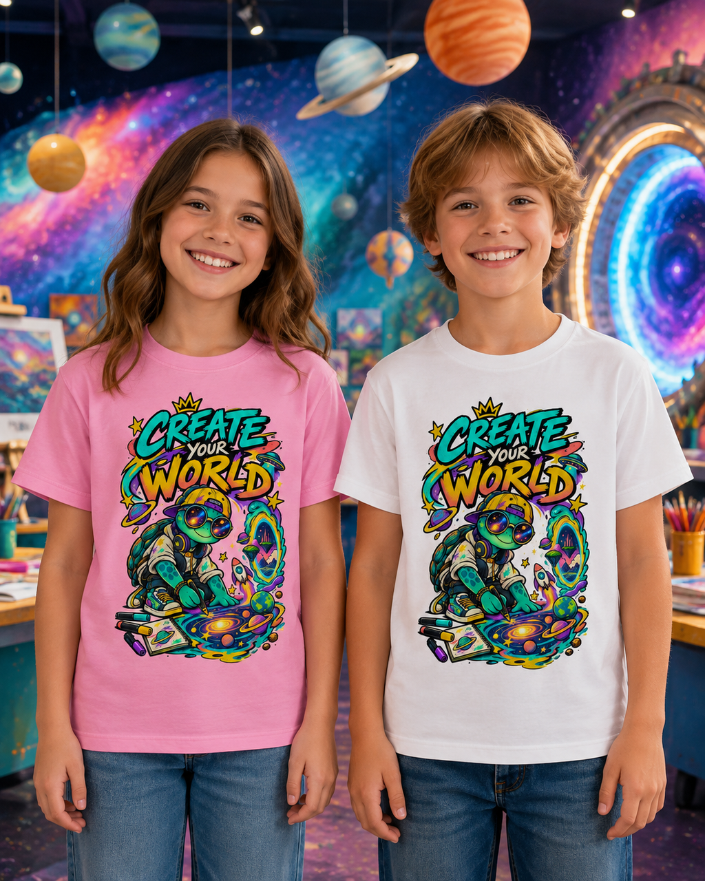 Create Your World Kinder-T-Shirt | Kreative Schildkröte mit Weltall-Motiv