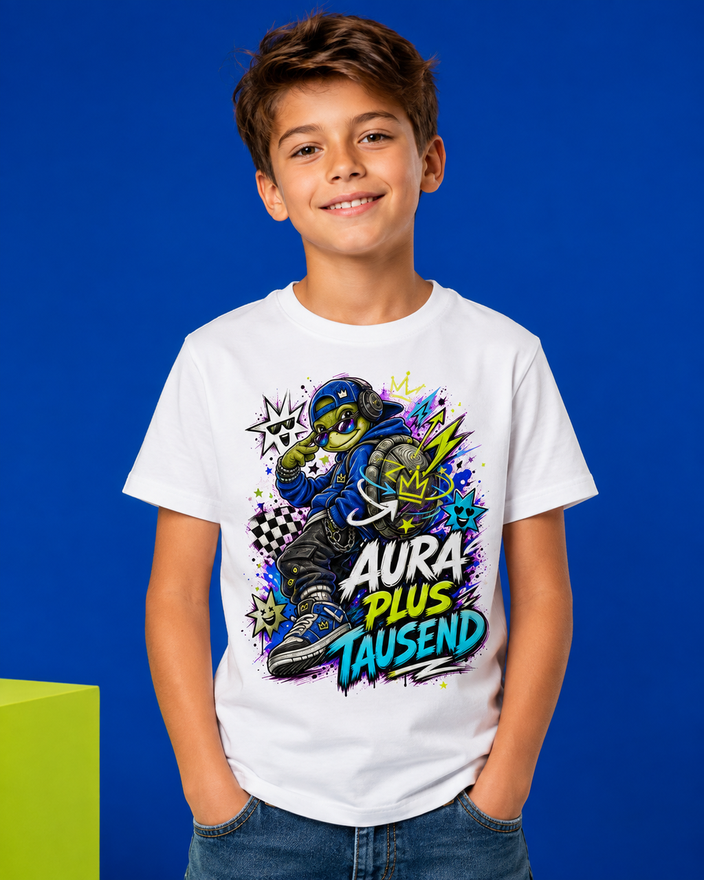 Aura plus Tausend Kinder-T-Shirt | Coole Schildkröte im Streetwear-Look