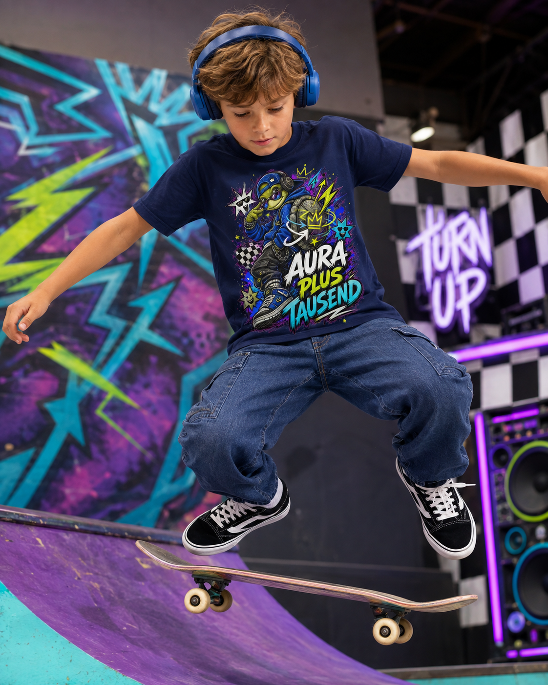 Aura plus Tausend Kinder-T-Shirt | Coole Schildkröte im Streetwear-Look