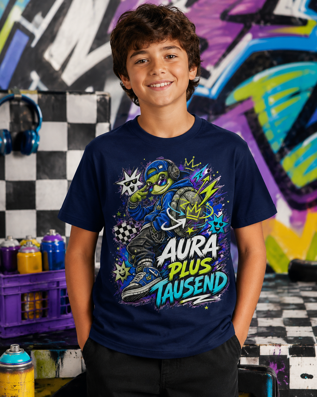 Aura plus Tausend Kinder-T-Shirt | Coole Schildkröte im Streetwear-Look