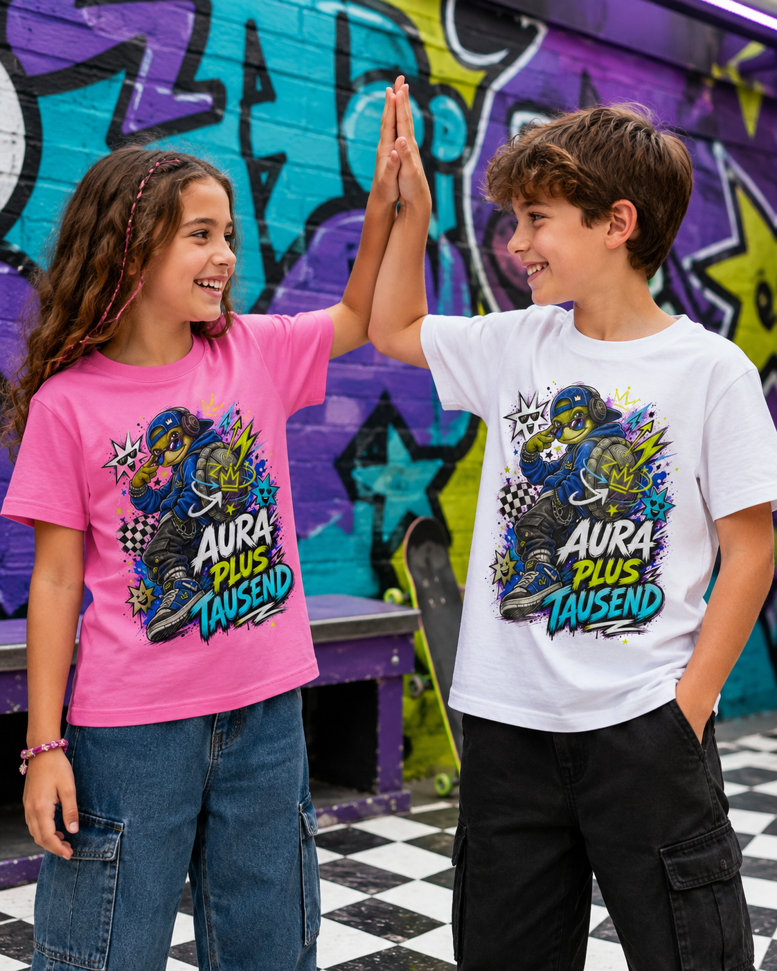 Aura plus Tausend Kinder-T-Shirt | Coole Schildkröte im Streetwear-Look