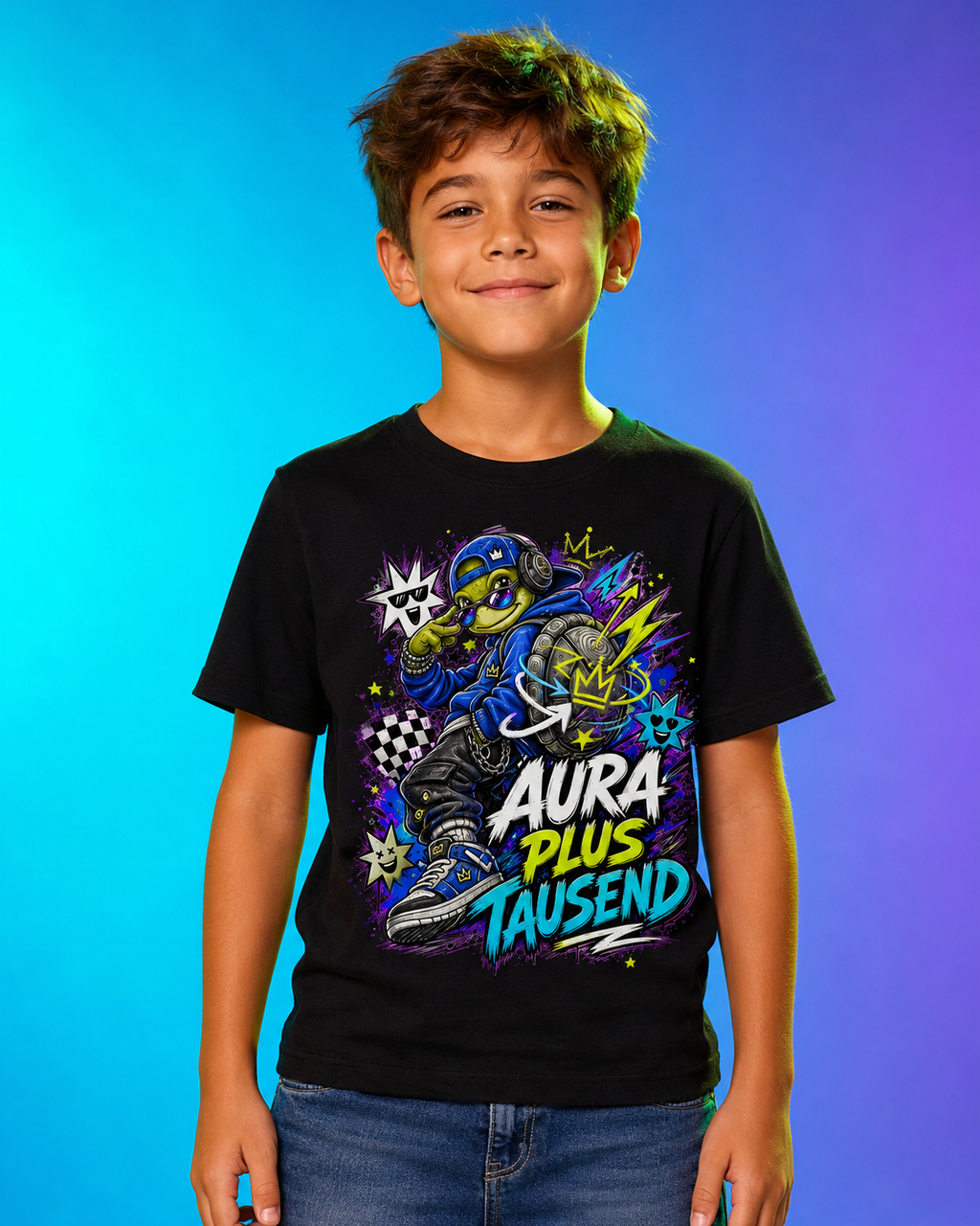 Aura plus Tausend Kinder-T-Shirt | Coole Schildkröte im Streetwear-Look