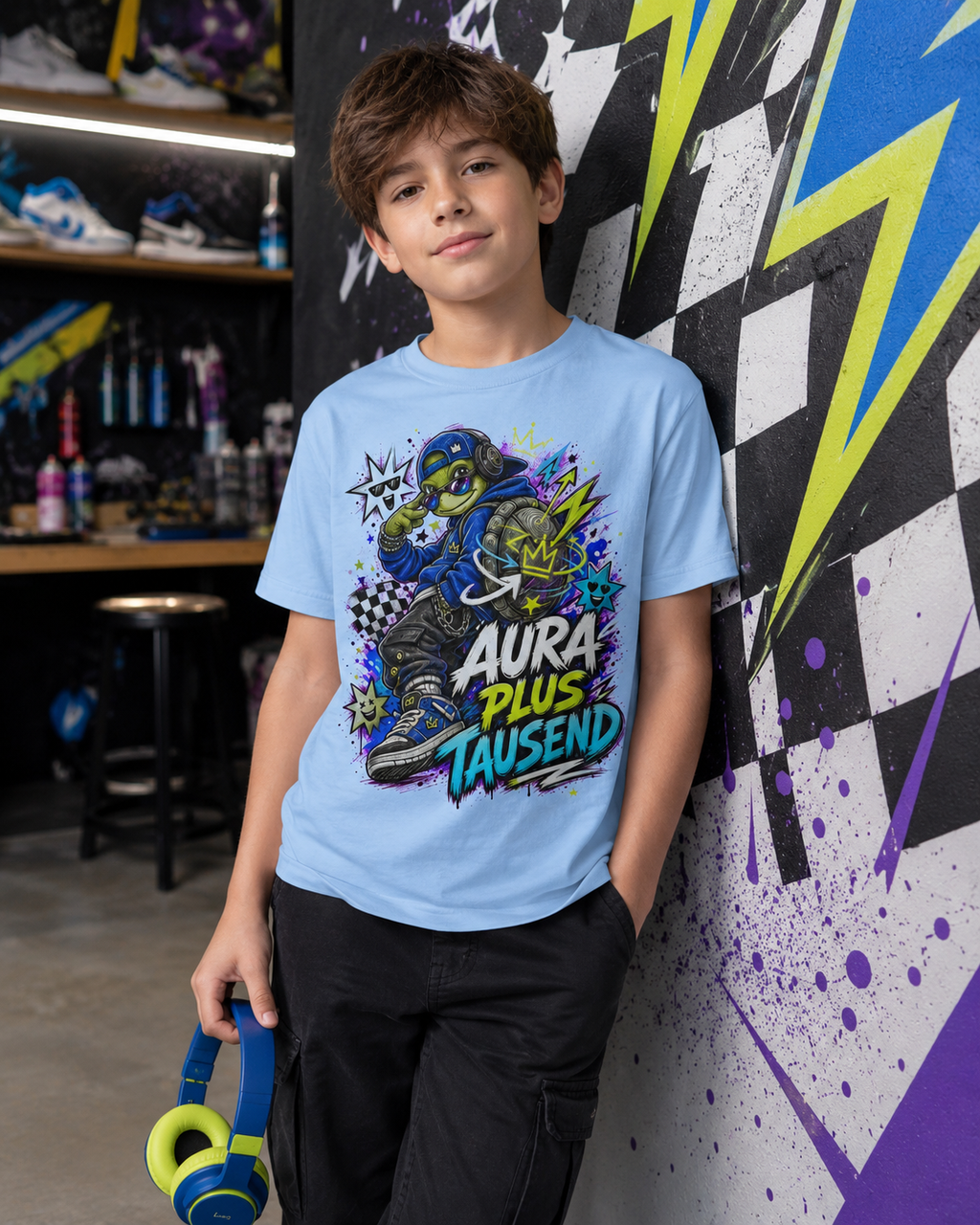 Aura plus Tausend Kinder-T-Shirt | Coole Schildkröte im Streetwear-Look
