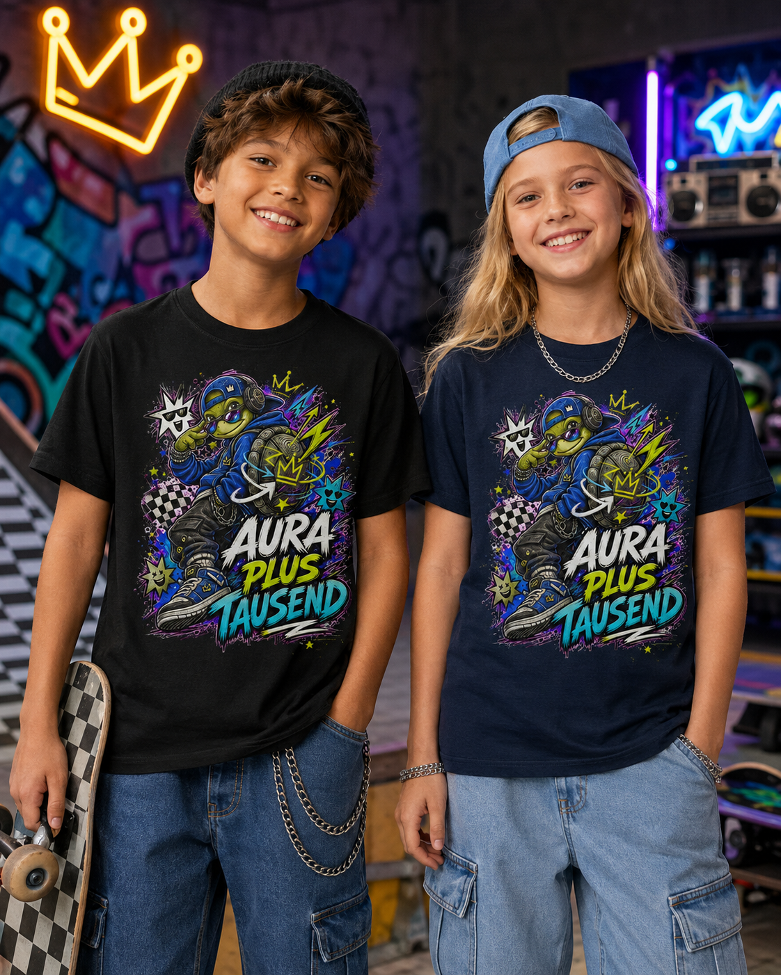 Aura plus Tausend Kinder-T-Shirt | Coole Schildkröte im Streetwear-Look