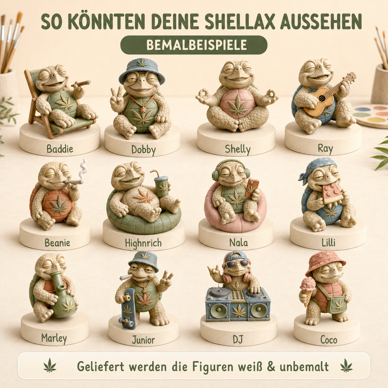 Shellax 6er-Set – weiße PLA+ Schildkrötenfiguren zum Bemalen und Sammeln.