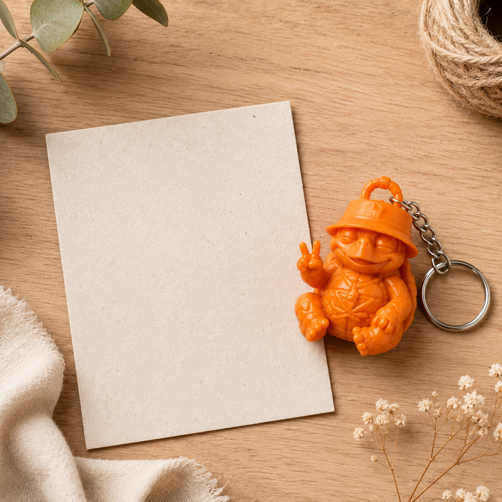Weiße Shellax Keychain Figur mit sichtbarer 3D-Druck-Struktur und Schildkrötenform.