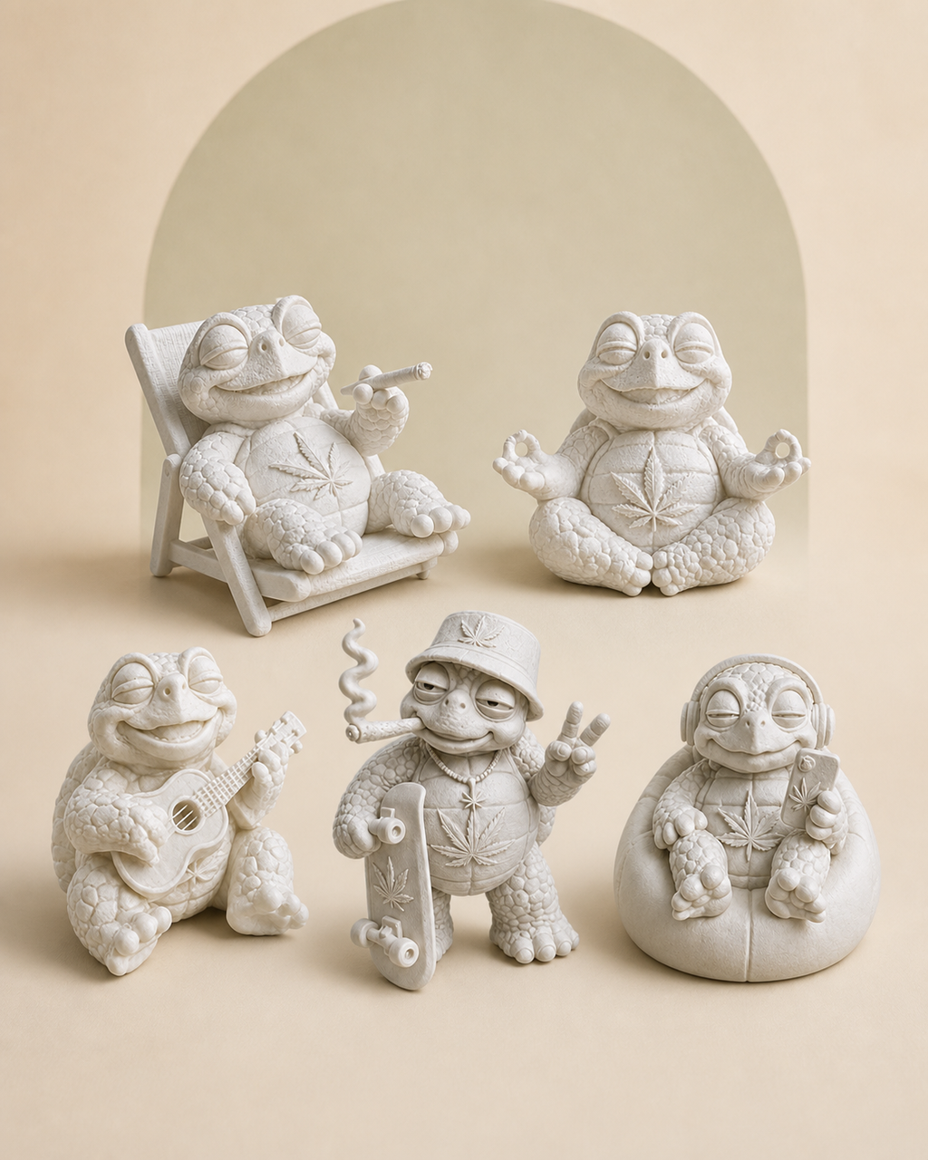 Auswahl verschiedener weißer Shellax Schildkrötenfiguren mit unterschiedlichen Posen und Accessoires.