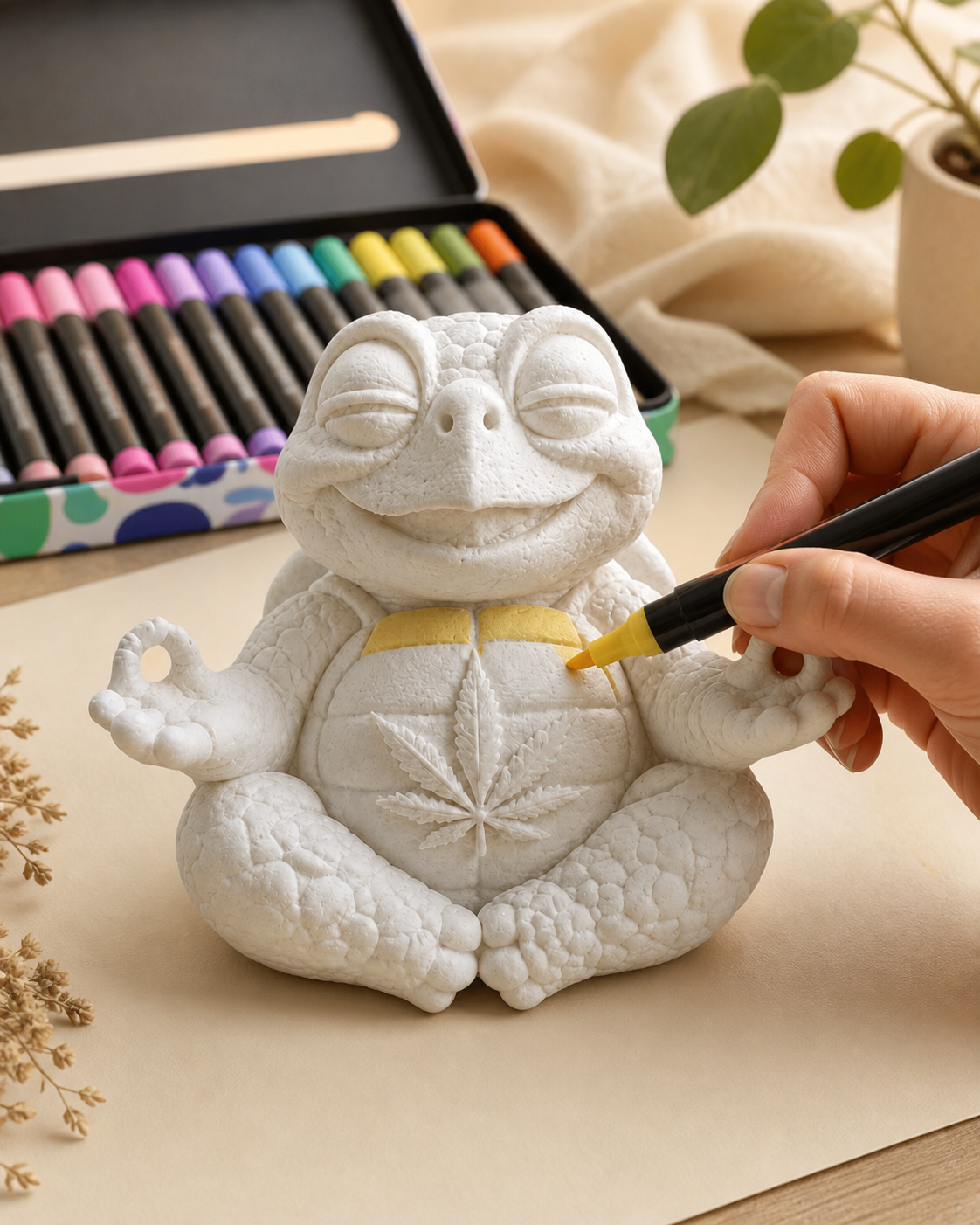 Erwachsene Hand bemalt eine weiße Shellax Schildkrötenfigur mit einem gelben Acrylmarker; Marker-Etui im Hintergrund.