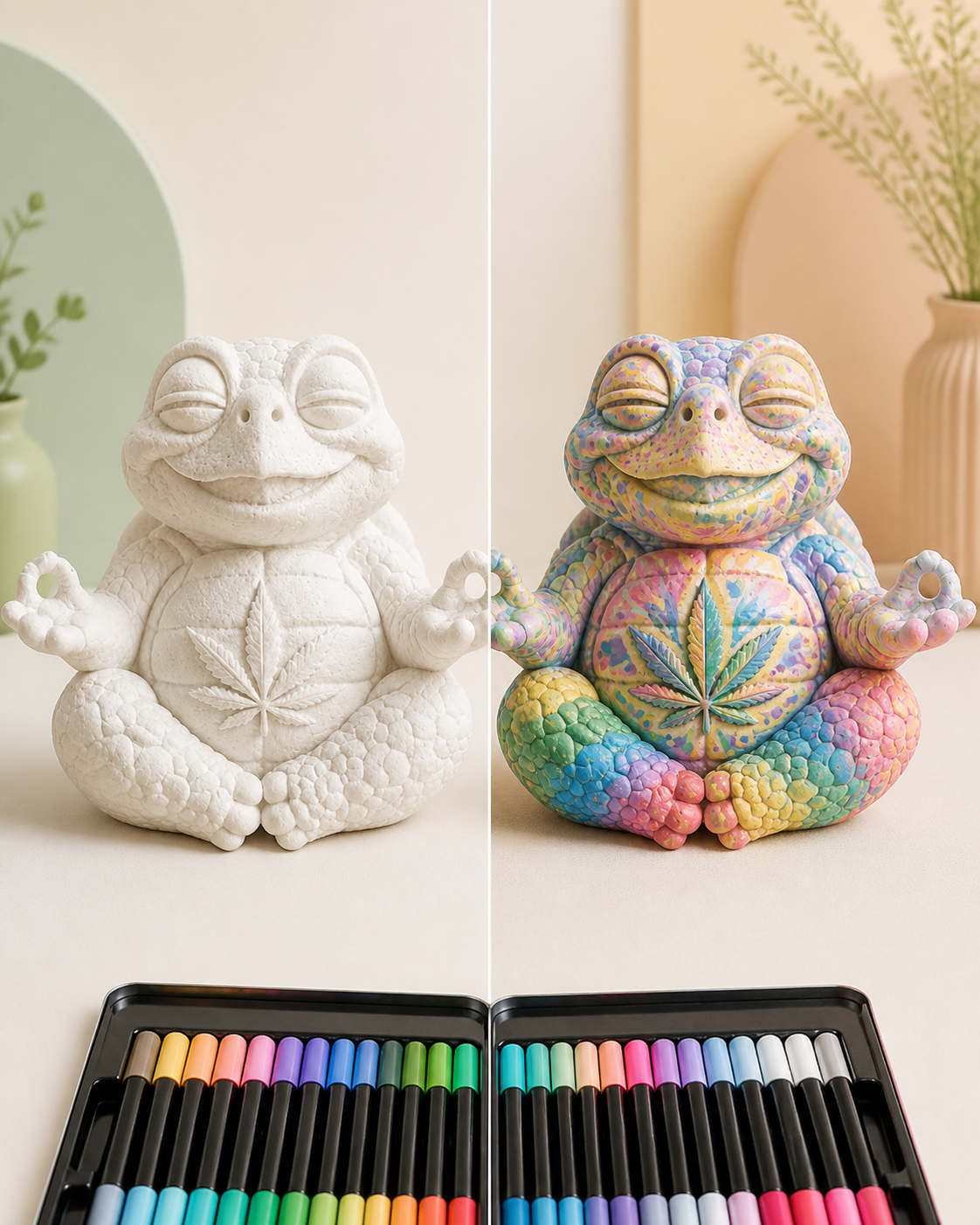 Vergleich derselben Shellax Figur: links weiß und unbemalt, rechts farbenfroh mit Acrylmarkern gestaltet.