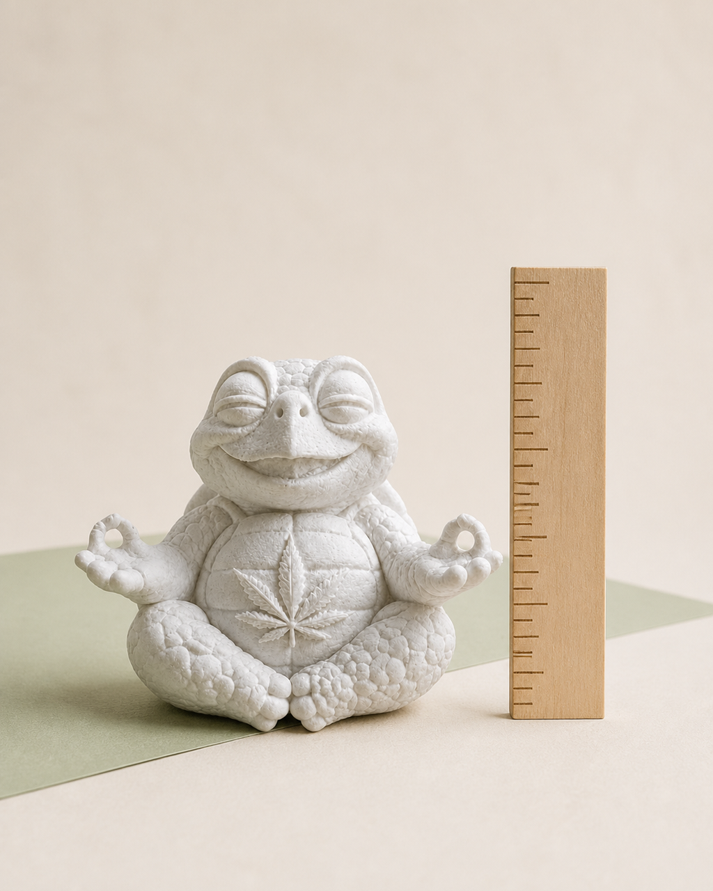 Weiße Shellax Figur neben einem Holzlineal als Größenvergleich; die Figur ist je nach Motiv ungefähr 8 cm hoch.