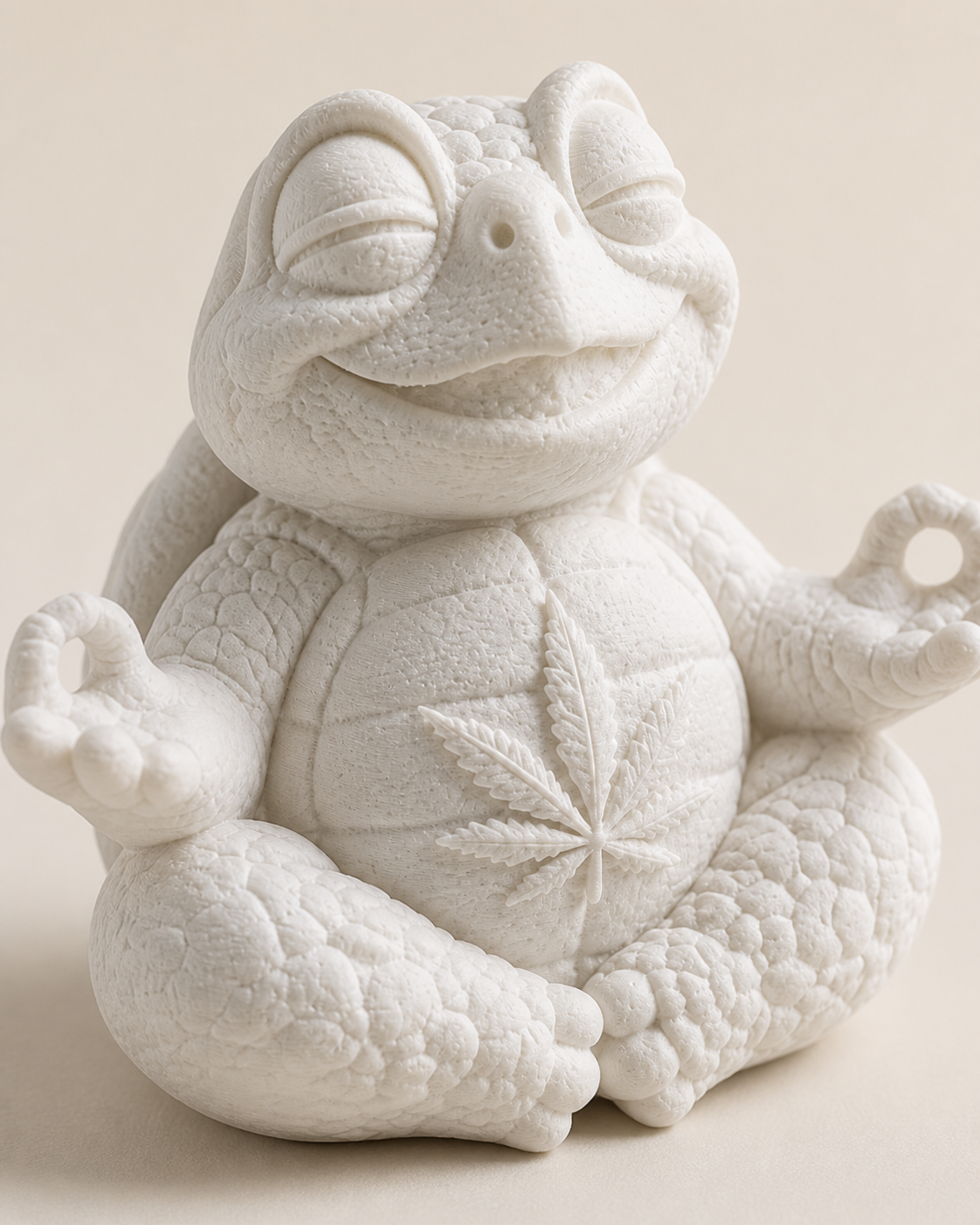 Nahaufnahme der weißen 3D-gedruckten Shellax Figur mit sichtbaren feinen PLA+-Oberflächendetails.
