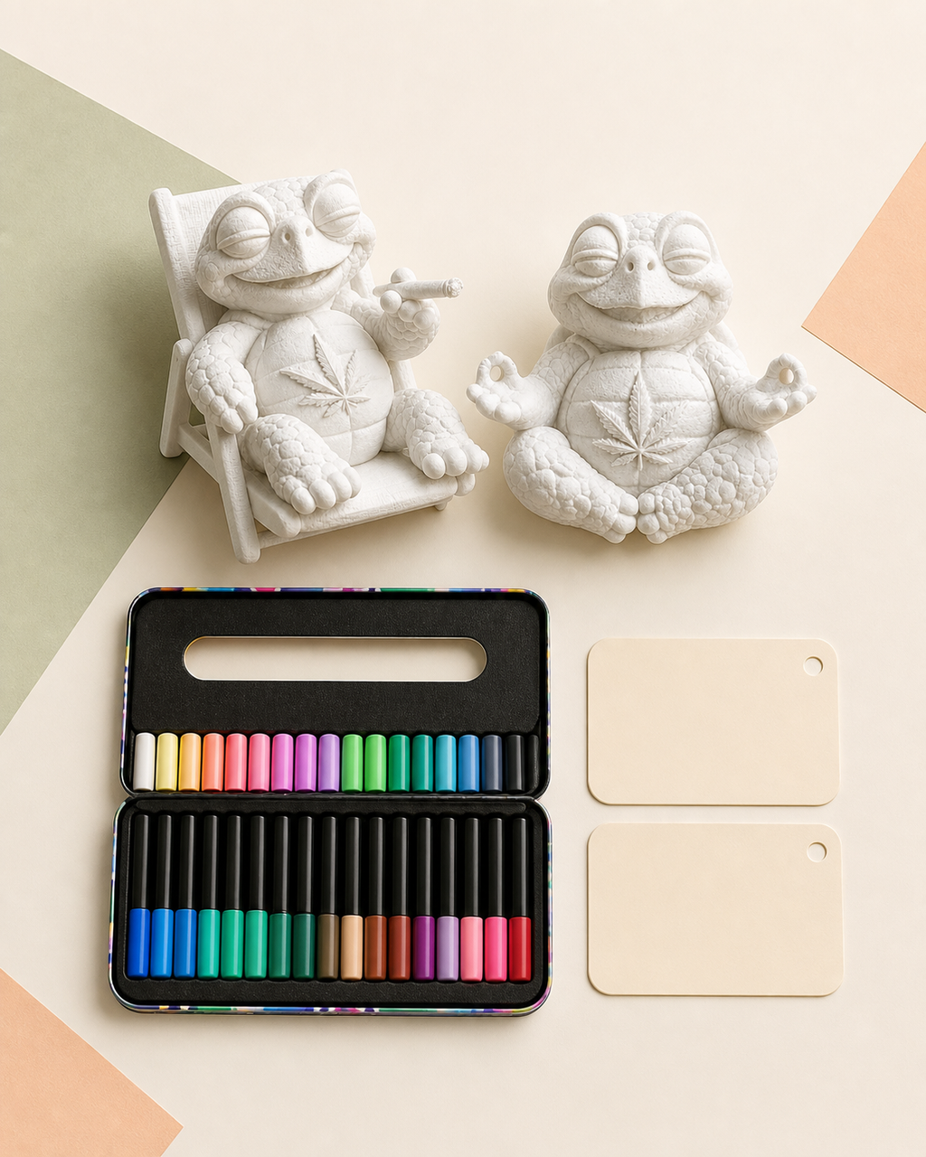 Flach ausgelegtes Kreativ-Duo mit zwei unbemalten Shellax Figuren, geöffnetem Marker-Etui und zwei Karten.