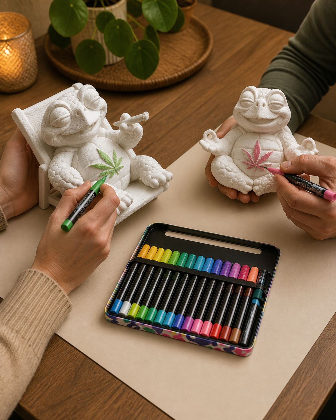 Zwei Erwachsene bemalen gemeinsam zwei verschiedene weiße Shellax Figuren mit Acrylmarkern an einem Tisch.