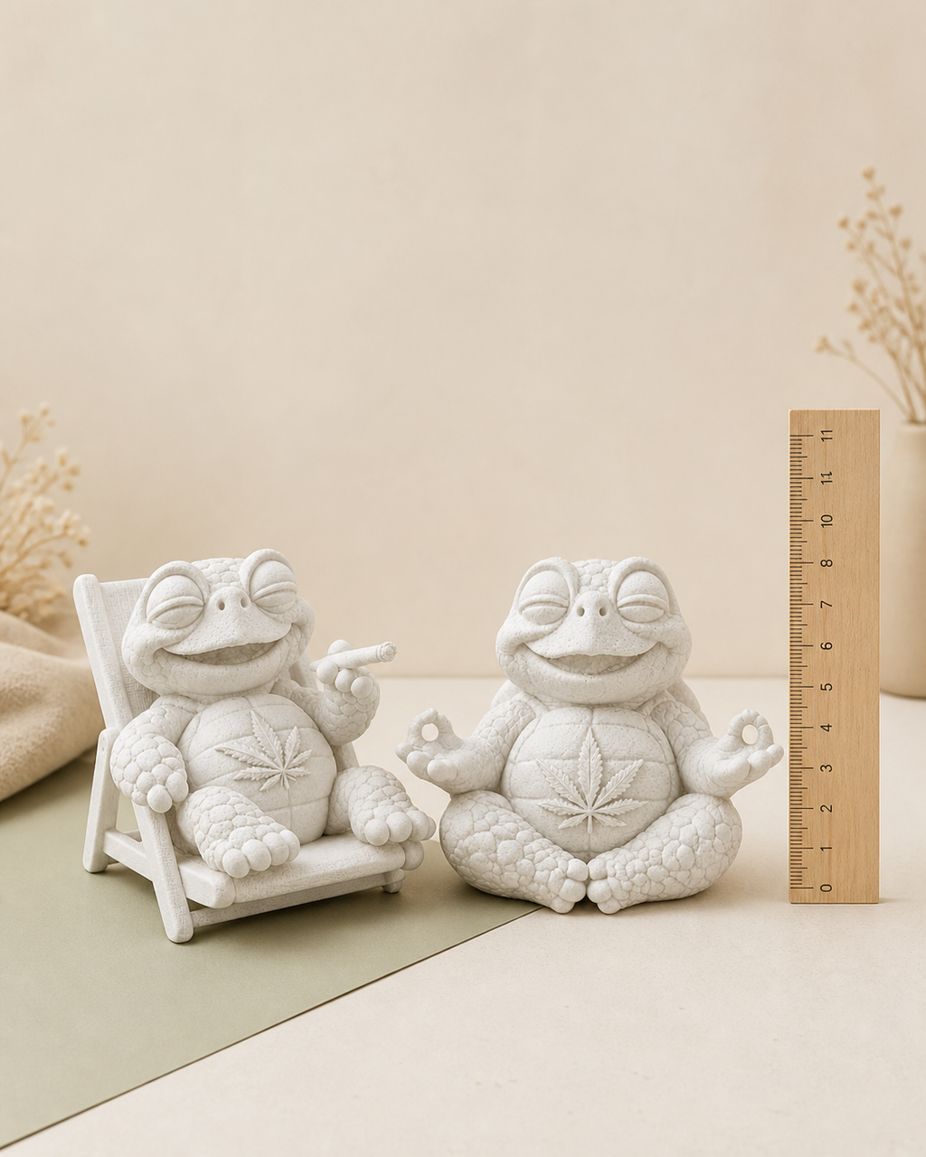 Zwei weiße Shellax Figuren neben einem Holzlineal; jede Figur ist motivabhängig ungefähr 8 cm hoch.