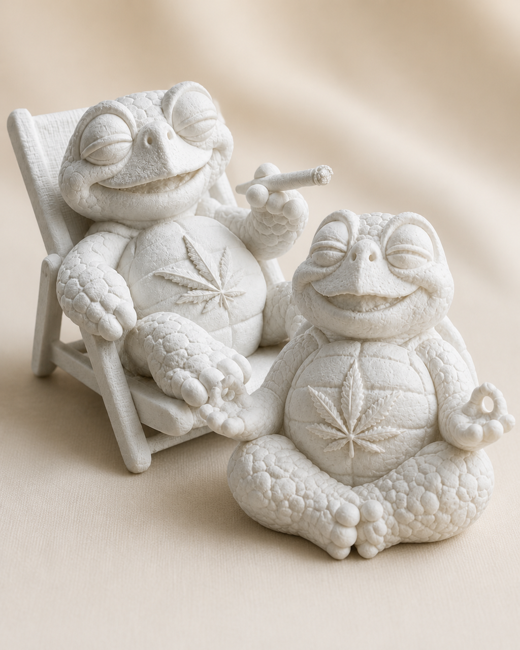 Nahaufnahme von zwei unbemalten Shellax Figuren mit feiner matter PLA+-Struktur und unterschiedlichen Posen.