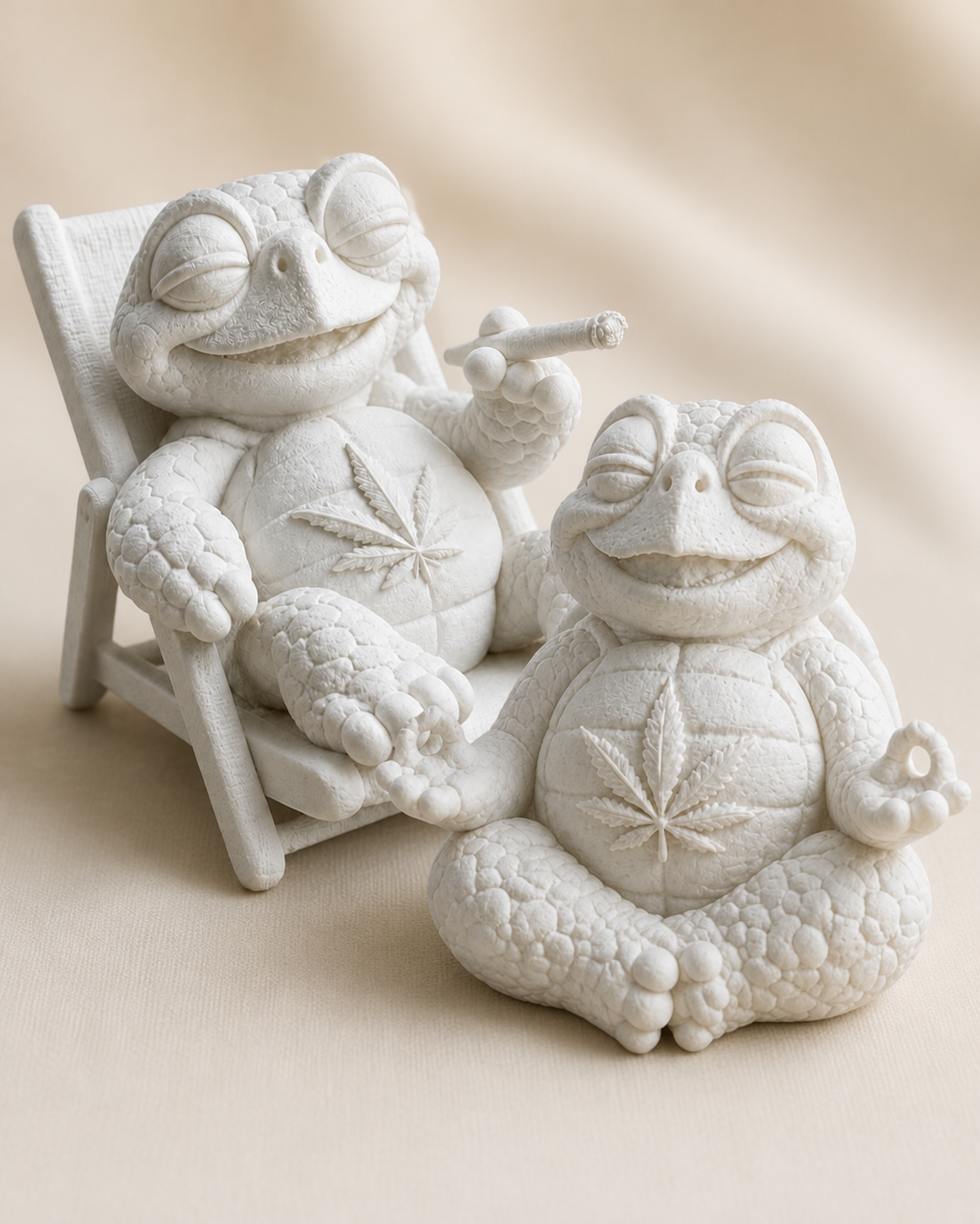 Nahaufnahme von zwei unbemalten Shellax Figuren mit feiner matter PLA+-Struktur und unterschiedlichen Posen.