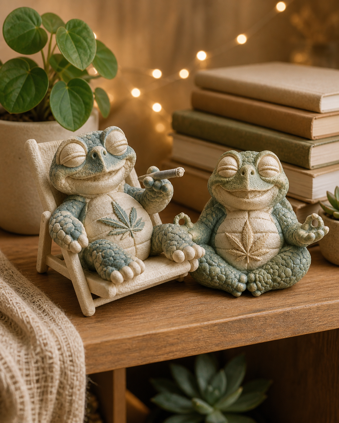 Zwei dezent bemalte Shellax Figuren gemeinsam als gemütliche Deko auf einem Regal mit Pflanzen und Büchern.