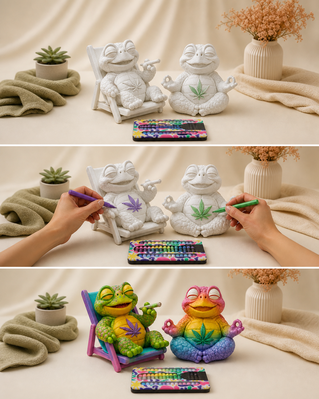 Drei Schritte des Duo-Sets: zwei Figuren auswählen, gemeinsam mit Markern bemalen und fertig gestaltet aufstellen.