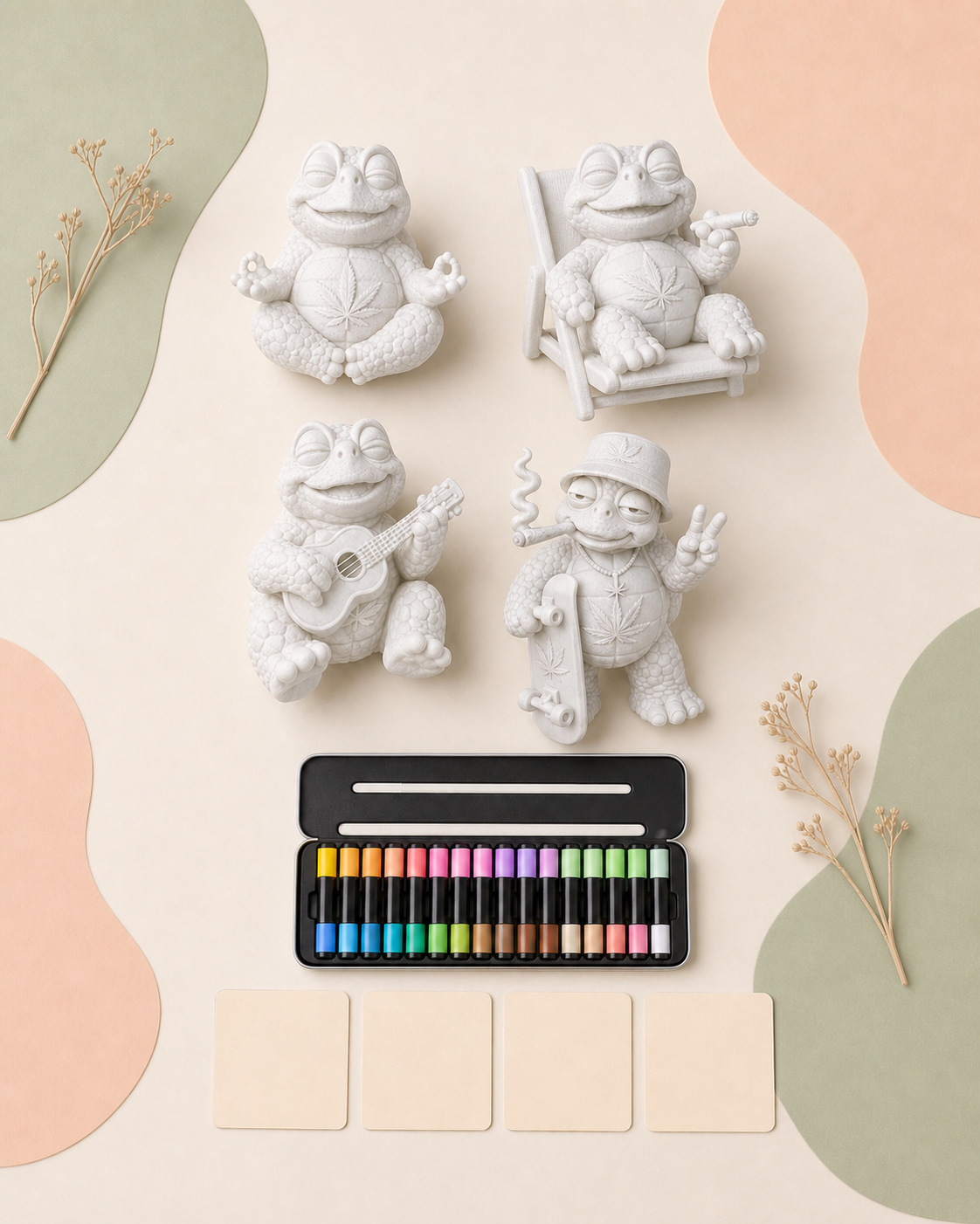 Flach ausgelegtes Party-Set mit vier unbemalten Shellax Figuren, geöffnetem Marker-Etui und vier Karten.