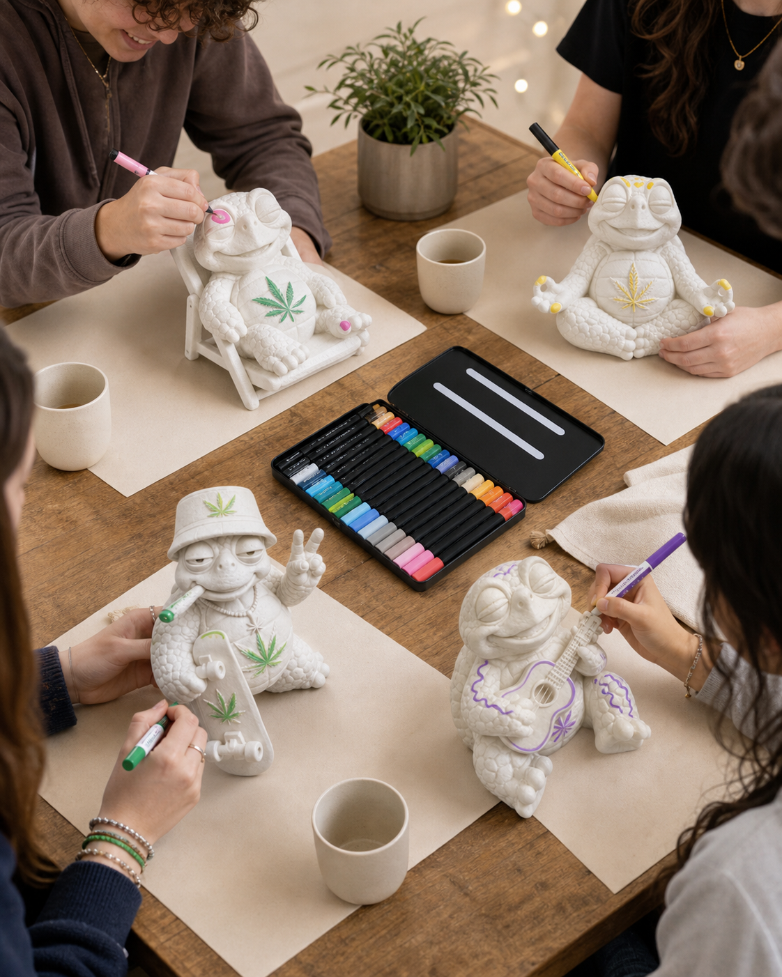 Vier Erwachsene gestalten gemeinsam unterschiedliche weiße Shellax Figuren mit Acrylmarkern an einem Tisch.
