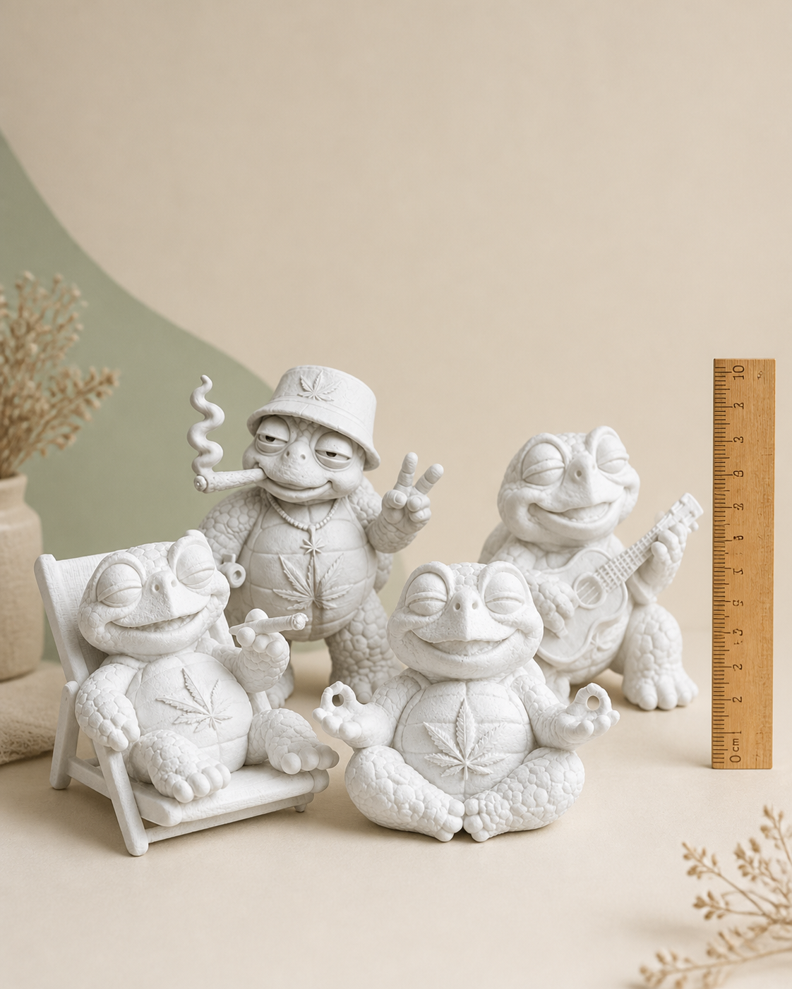 Vier unbemalte Shellax Figuren neben einem Holzlineal; jede Figur ist motivabhängig ungefähr 8 cm hoch.
