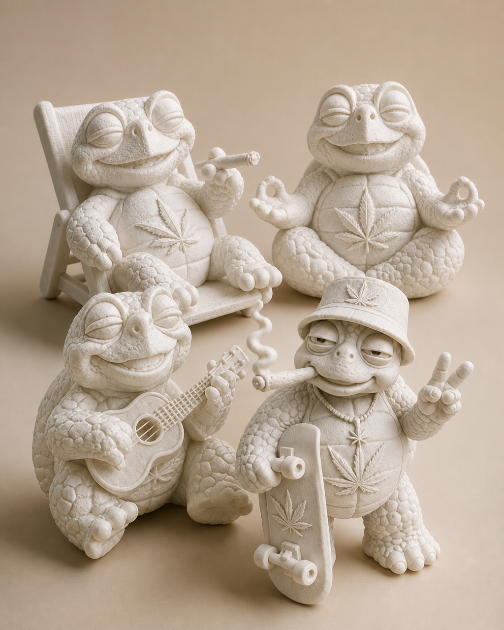Nahaufnahme von vier weißen 3D-gedruckten Shellax Figuren mit feiner matter PLA+-Oberfläche und Details.