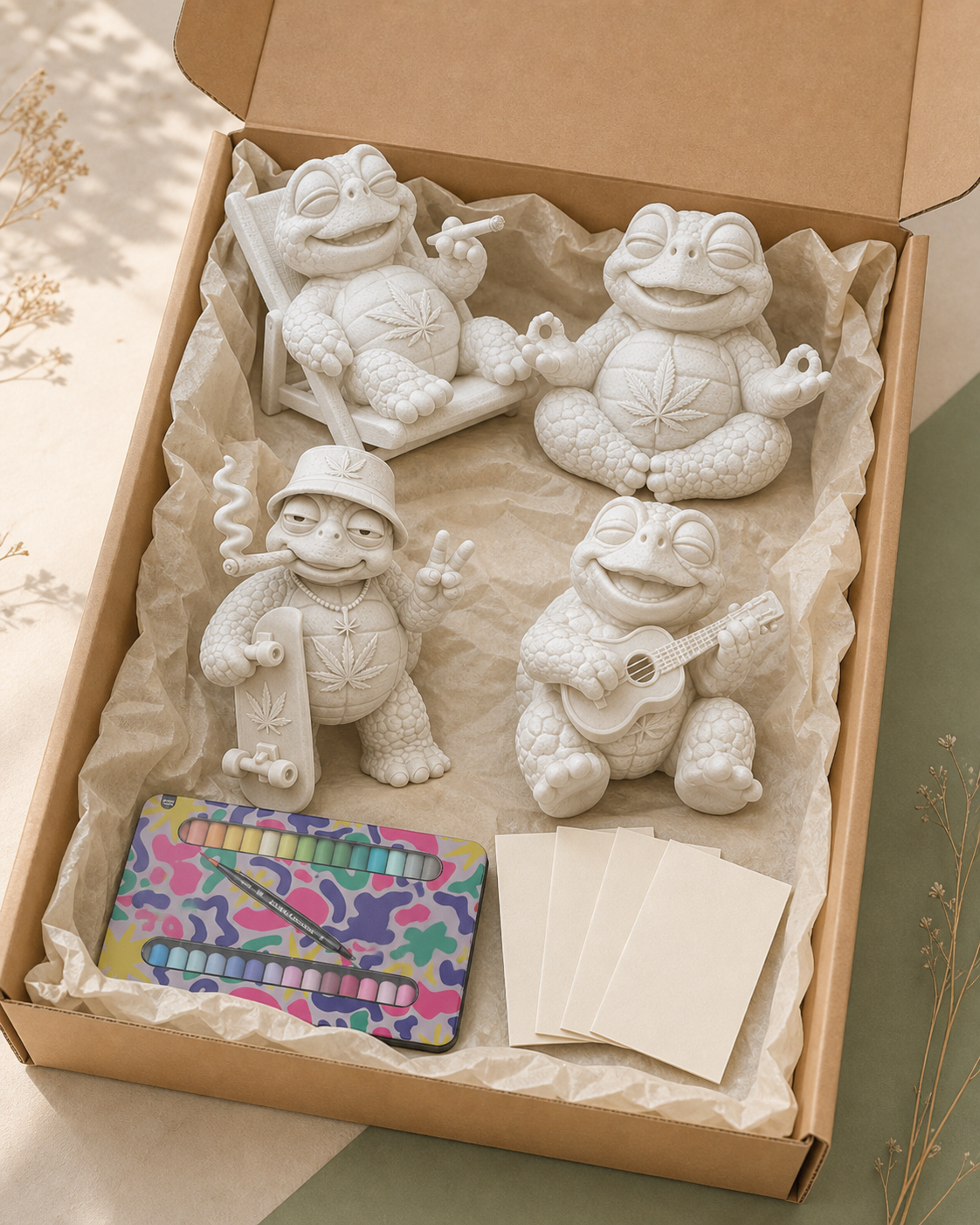 Offene Kraftpapierbox mit vier unbemalten Shellax Figuren, 18 Acrylmarkern und vier neutralen Karten.